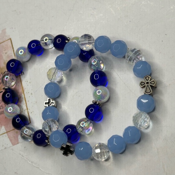 Blue & Clear Crystal Cross Bracelet Set - Picture 1 of 3